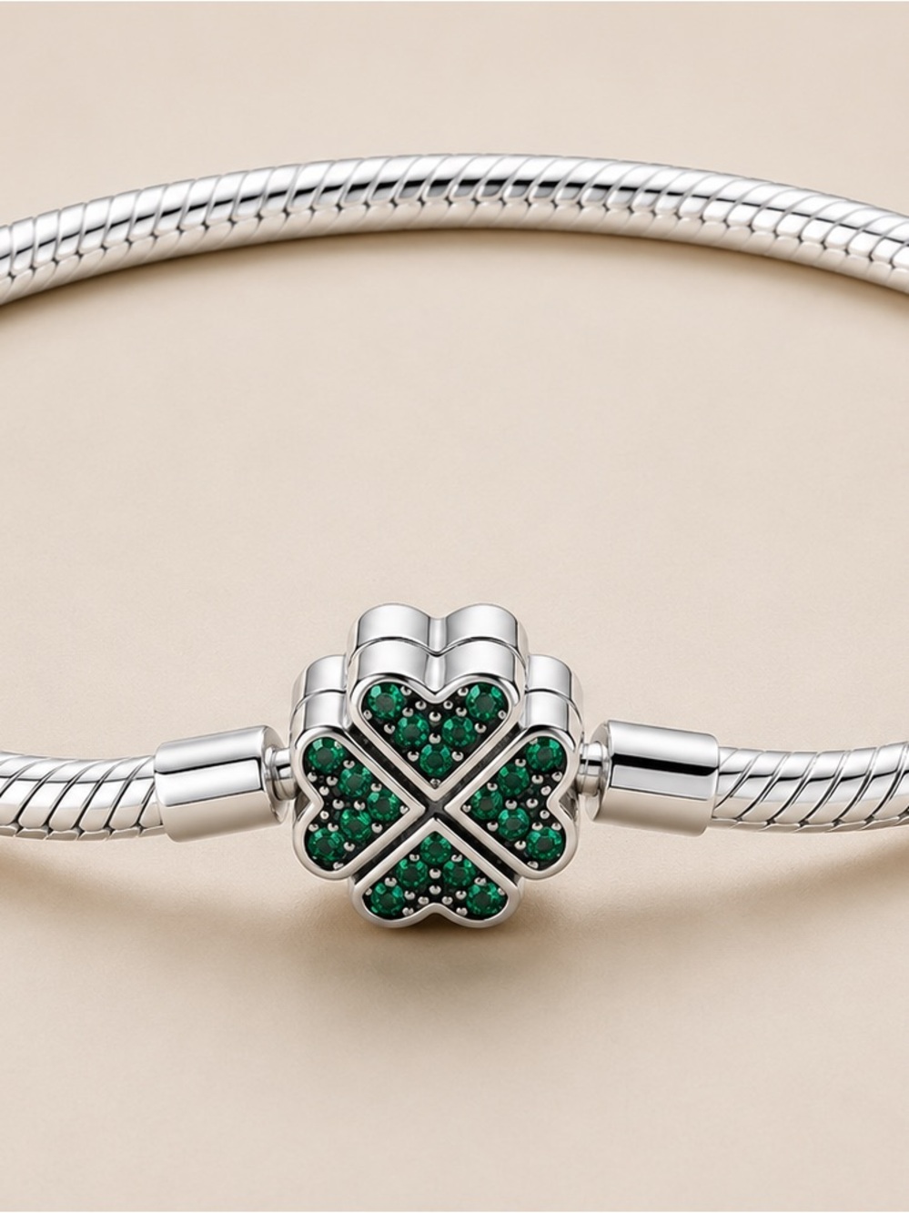 Silver Four-Leaf Clover Charm Bracelet with Green Stones